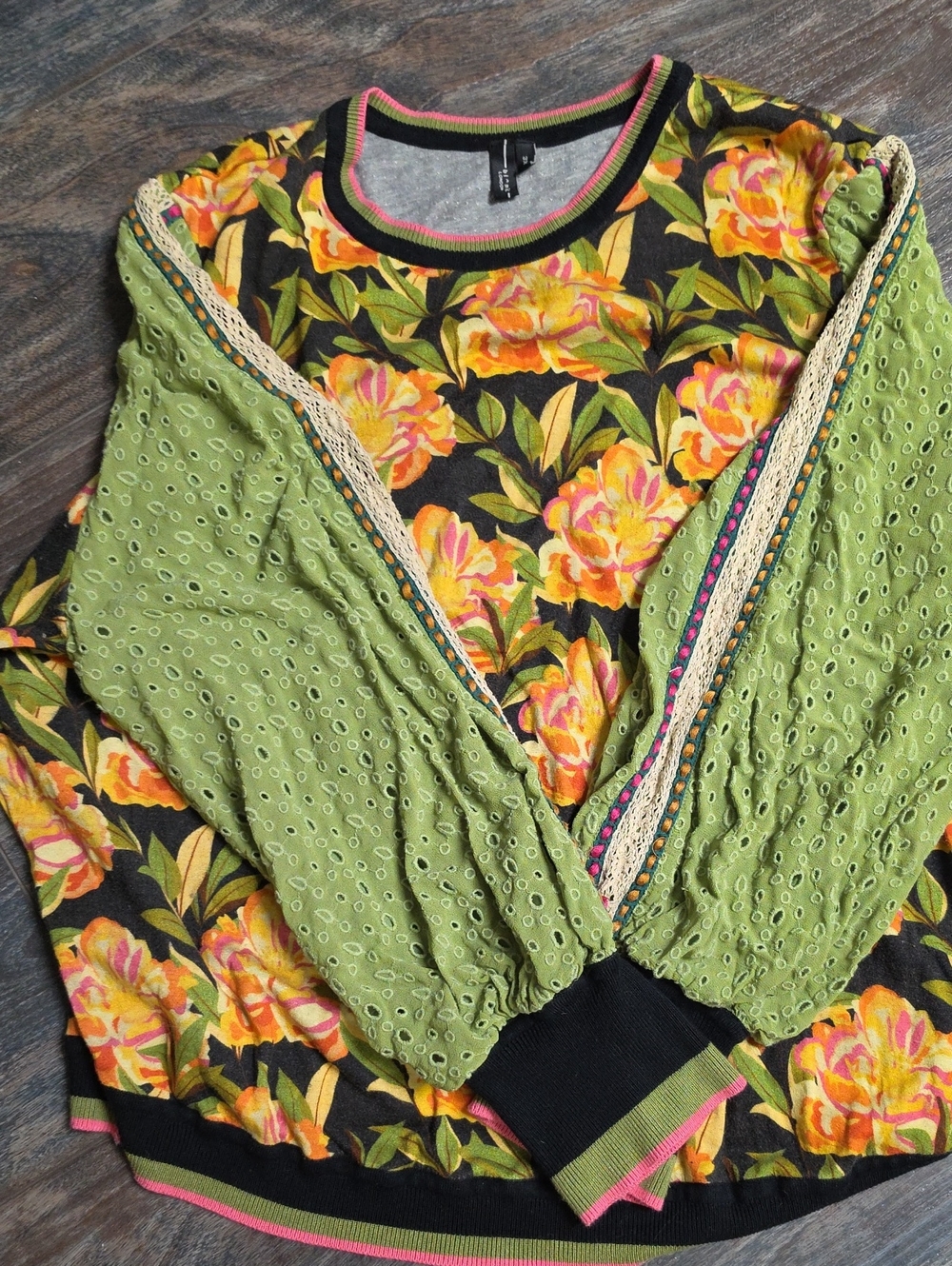 Anthropologie Black Floral Crewneck with Olive Eyelet Sleeves